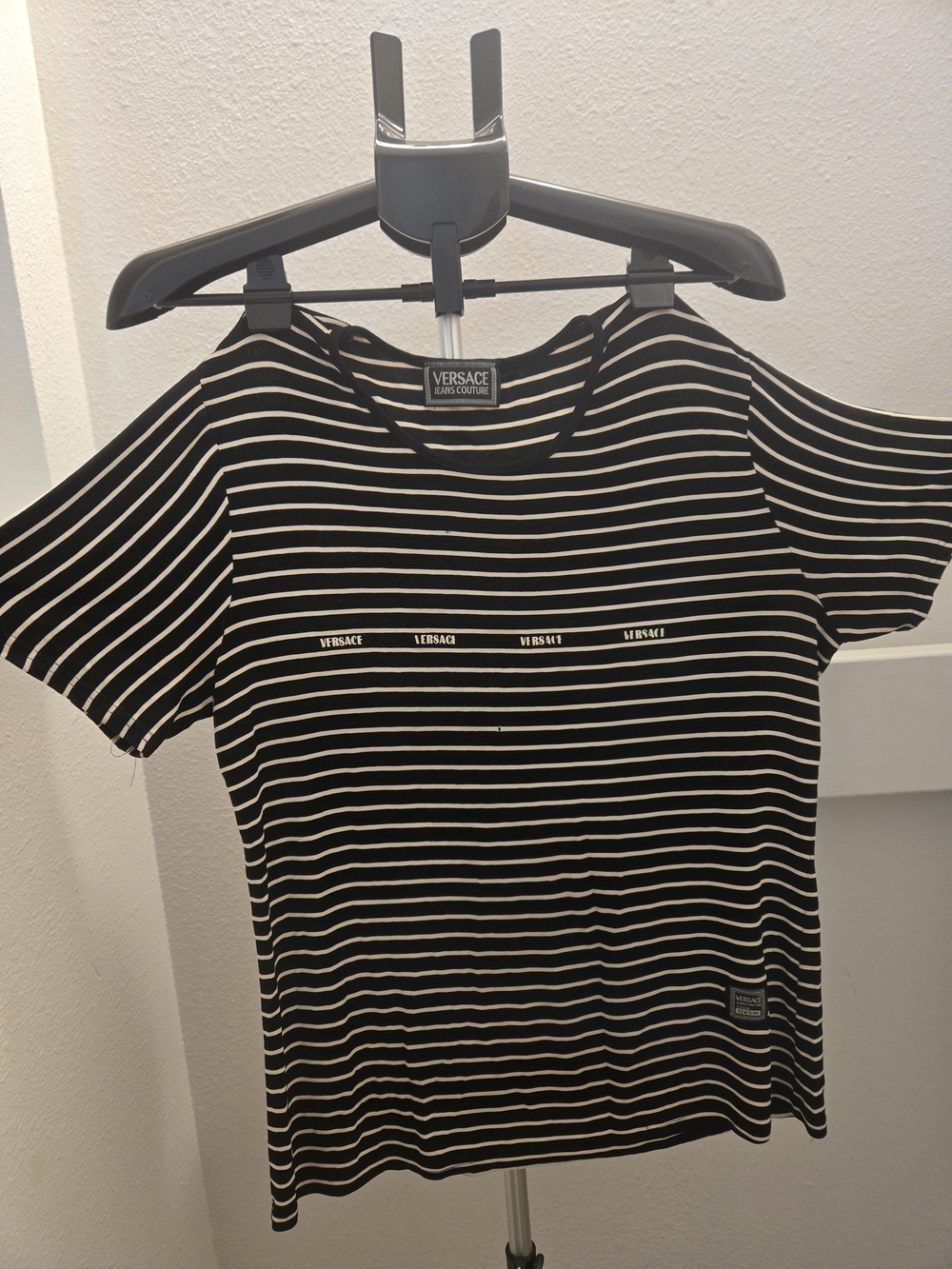 Vintage Versace Jeans Couture Striped Black and White Tee with Logos Size L